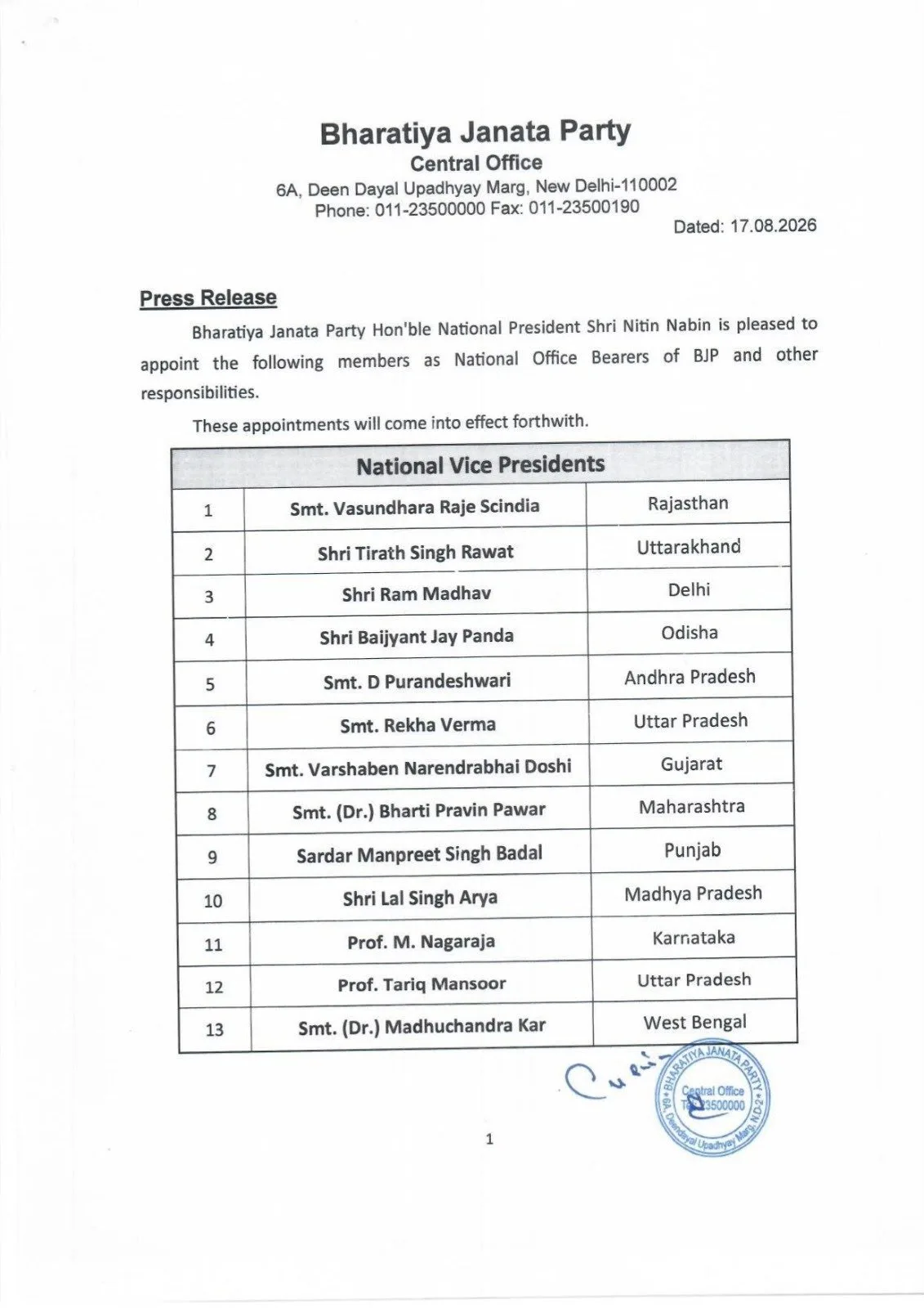 नितिन नबीन की नई टीम